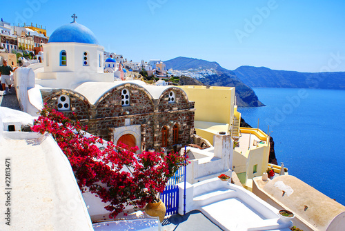 Board z aluminiowym obramowaniem Architektura na wyspie santorini, Grecja