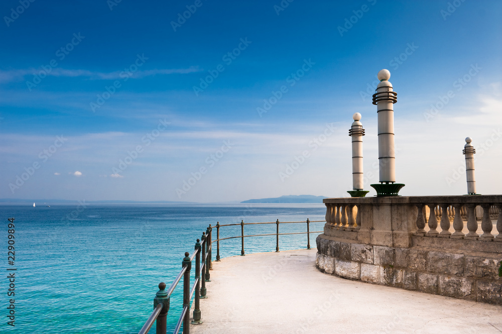 Adriatic Sea scenic view from quay of Opatija, Croatian coast. - obrazy, fototapety, plakaty 
