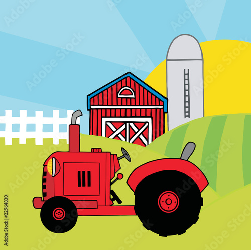 Foto-Plissee - Red Farm Tractor In A Pasture Near A Barn And Silo (von HitToon.com)