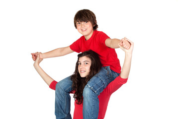 Poster - Teenage girl with little boy on her shoulders