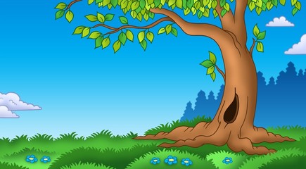 Sticker - Leafy tree in grassy landscape