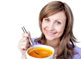 Sticker - Joyful woman holding a soup bowl