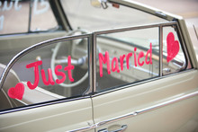 Convertible Car Words Just Married Painted On Side Window