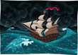 Galleon in the sea with storm. Cartoon and vector illustration
