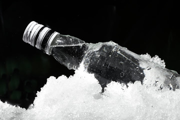 Close up view of the bottle in ice