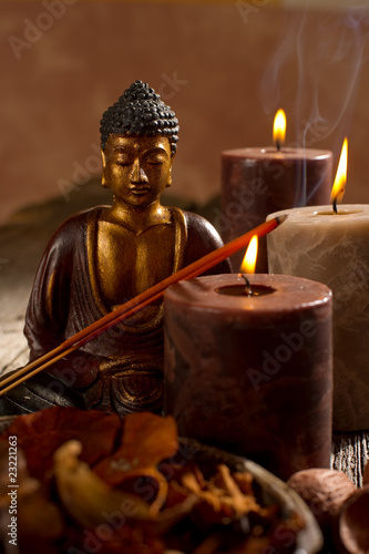 Nowoczesny obraz na płótnie buddha candle and incense- budda candele incenso