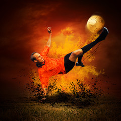 Wall Mural - Football player in fires flame on the outdoors field