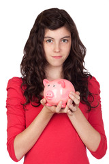 Poster - Teenager girl with pink piggy-bank