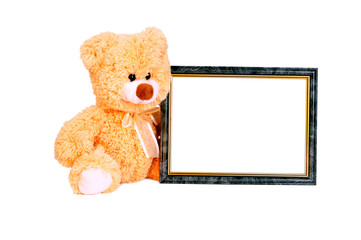 Beige toy teddy bear with frame for baby photography