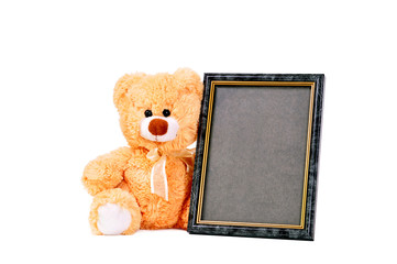 Beige toy teddy bear with frame for baby photography