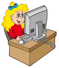 Wall Mural - Cartoon girl working with computer