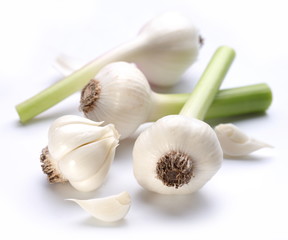 Wall Mural - young garlic on a white background