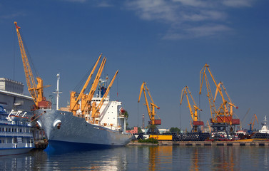 A cargo ship docked in the port