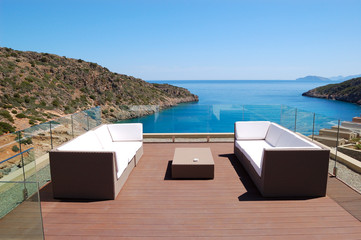 Wall Mural - Sea view relaxation area of luxury hotel, Crete, Greece