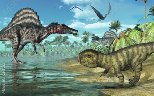 Fototapeta dla dzieci Prehistoric scene with Spinosaurus and Psittacosaurus Dinosaurs
