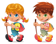 Trekking Boy And Girl. Vector And Cartoon Isolated Characters.