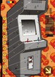 Grey video arcade machine on a red screw background.