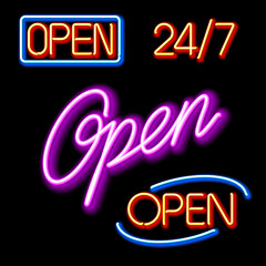 Wall Mural - Set of glowing neon OPEN signs. Vector.