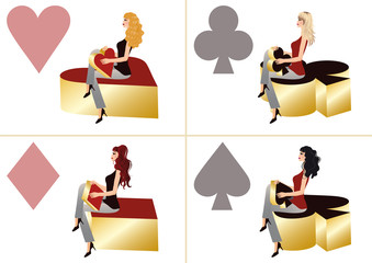 Wall Mural - Set four girls and poker elements in 3D image. vector