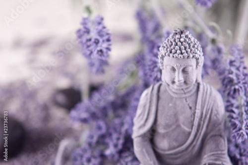 Obraz na płótnie canvas Budda w medytacji zen, kamienie do masażu, lawenda
