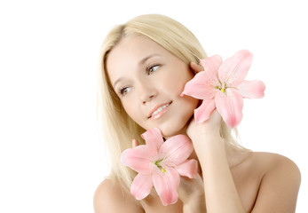 Beautiful woman with pink lily smile isolated on white