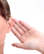 What? Closeup for female hand on ear. Listening. Vertical