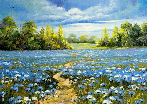 Naklejka na szafę Road through a field with blossoming cornflowers