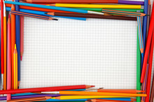 Colorful Pencils Frame On Blank Paper Sheet