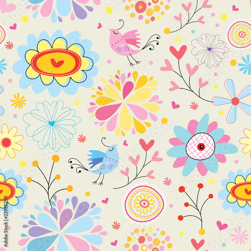 Naklejka ścienna Colorful floral pattern with birds