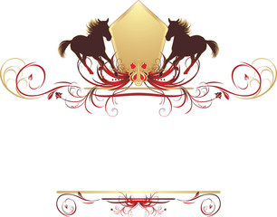 Wall Mural - Silhouettes of hurrying horse on the stylish floral ornament