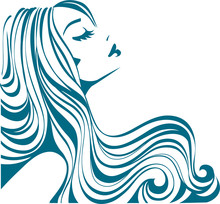 Beautiful Girl With Long Thick Wavy Hair Isolated On White. Beauty Salon Icon. Abstract Lines Hair. Vector Stock Illustration
