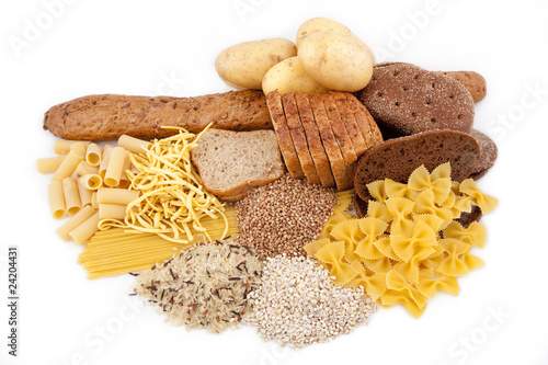 Fotografía group of carbohydrate products isolated on white background