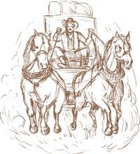 Cowboy Stagecoach Driver And Horses Front View