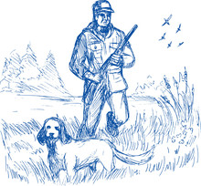 Hunter And Trained Pointer Gun Dog Hunting