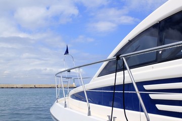 Canvas Print - blue yacht side view Formentera port Balearic