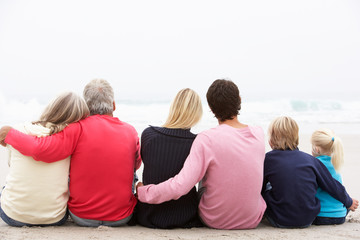 Wall Mural - Back View Of Three Generation Family Sitting On Winter Beach Tog