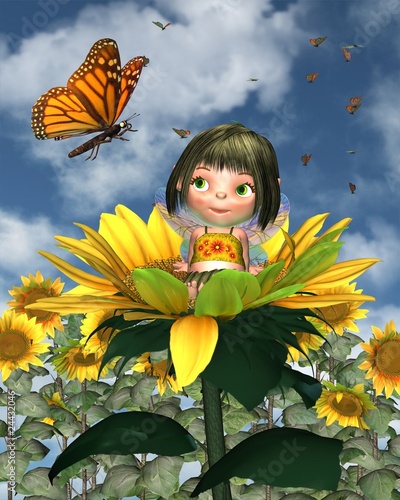 Naklejka na szybę Baby Sunflower Fairy with Summer Background