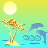 Fototapeta Dinusie - art illustration with palmtree and dolphins