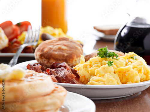 Fotografie, Obraz huge breakfast with selective focus on center plate
