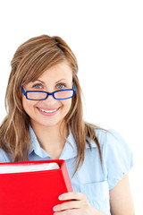 Sticker - Delighted caucasian businesswoman holding holding a red folder