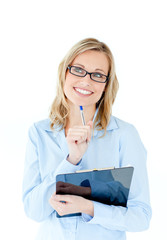 Poster - Pensive businesswoman holding a clipboard