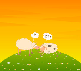 Poster - Vector cartoon sheep sleeps on a grass