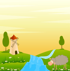 Wall Mural - Landscape background with house and cartoon sheep