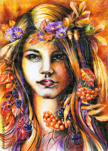 Naklejka na meble Autumn girl -colored pencils.