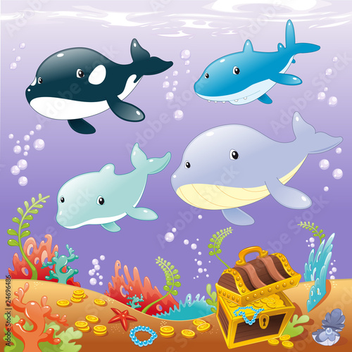 Fototeppich - Family animals in the sea. Cartoon and vector illustration (von ddraw)