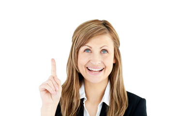 Canvas Print - Laughing businesswoman showing with her finger up