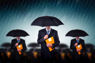 Businessmen in rain, group of elegant business people in suits with document folders for tax inspection and accountancy or financial advising concept