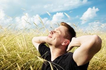 Wall Mural - young man rest on wheat field
