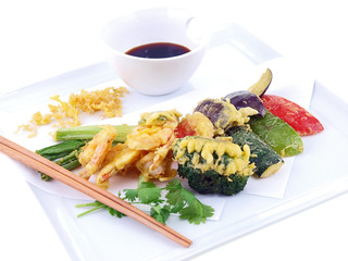 seafood and vegetable tempura isolated on white background