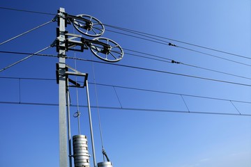 Cables and pole tower, electric train railway